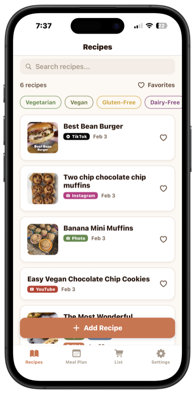 Vima Recipes main screen