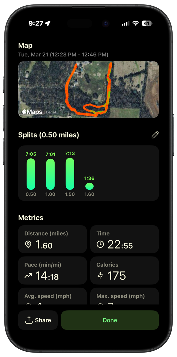 Run statistics and route map